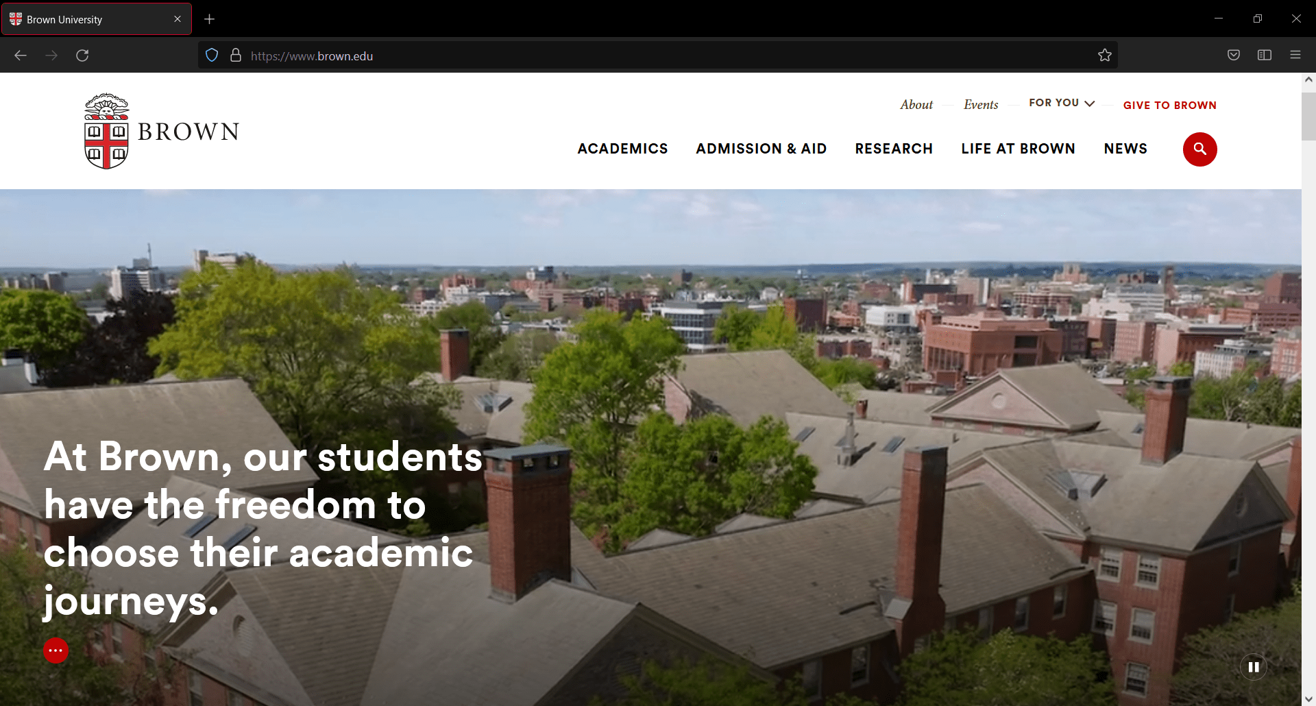 Screenshot of Brown University Website