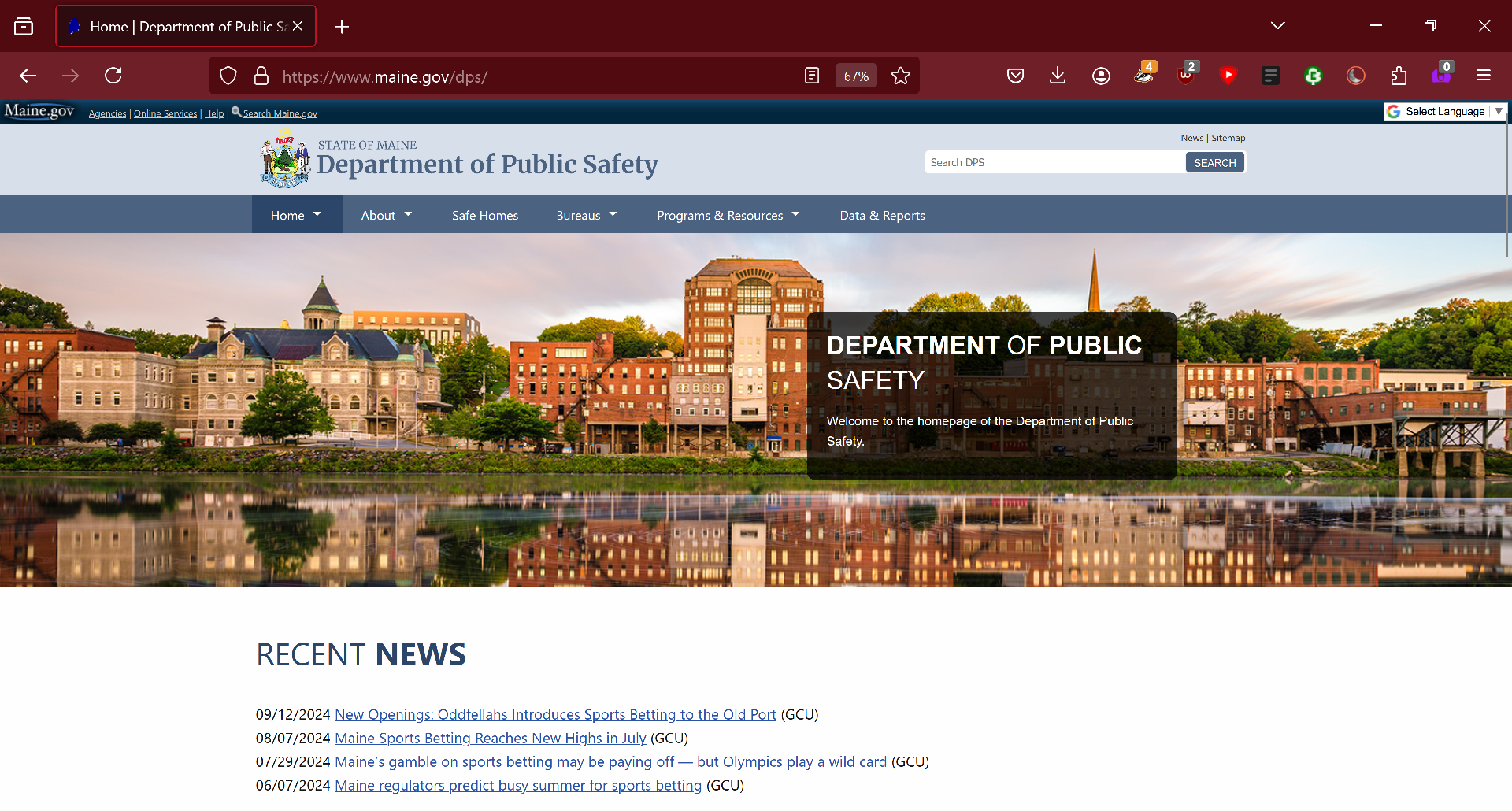 Screenshot of the Maine Department of Public Safety website